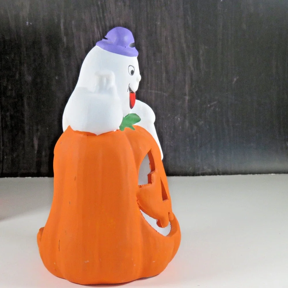 Ceramic Ghost Pumpkin Halloween Tea Light Candle Holder Statue 7” Kmart Vintage